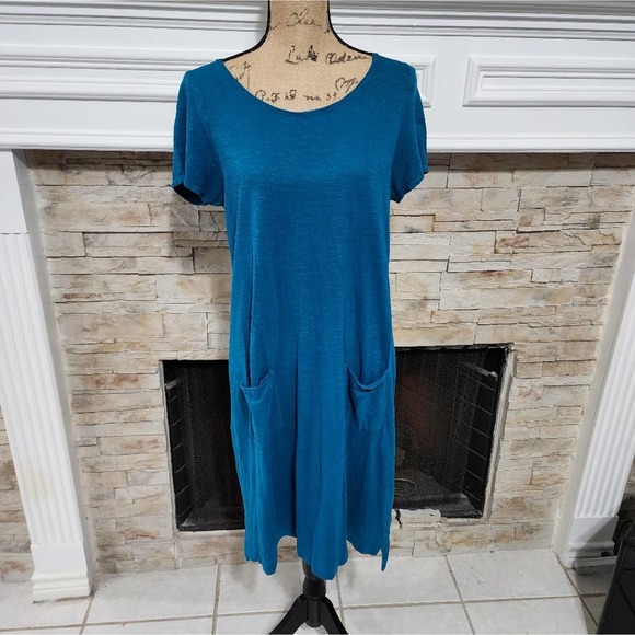 Eileen Fisher teal midi comfort stretch boho dress with pockets size MP PETITE - Picture 1 of 6